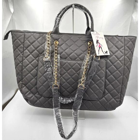 Gilda Paris Quilted Gray Tote Bag with Gold Chain Handles - Picture 1 of 2